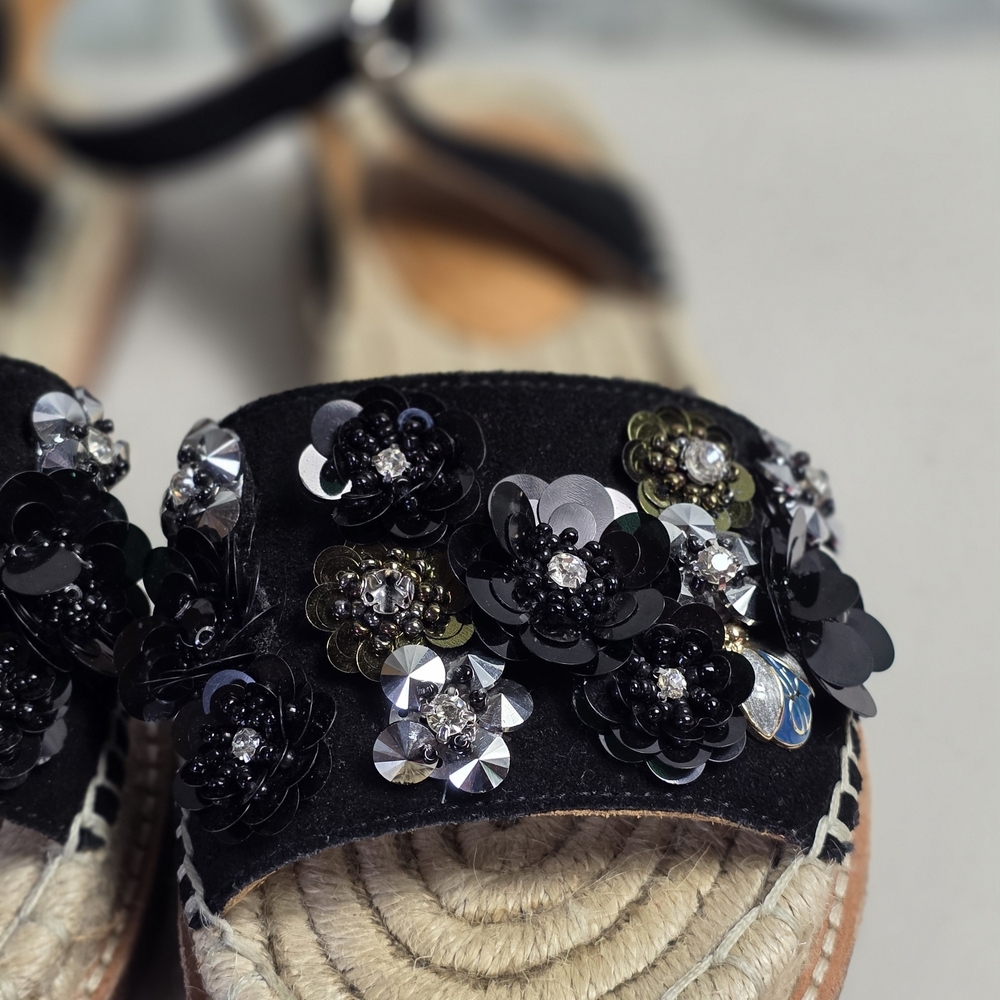 BILL BLASS BLACK ANTHROPOLOGIE SUEDE ESPADRILLES SANDALS SEQUIN SHOES Sz 6 - Picture 8 of 11